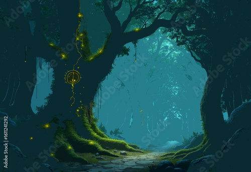 Mystical Forest with a Glowing Key