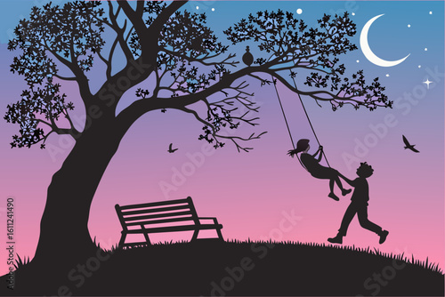 Children swinging on a tree swing at dusk with a crescent moon