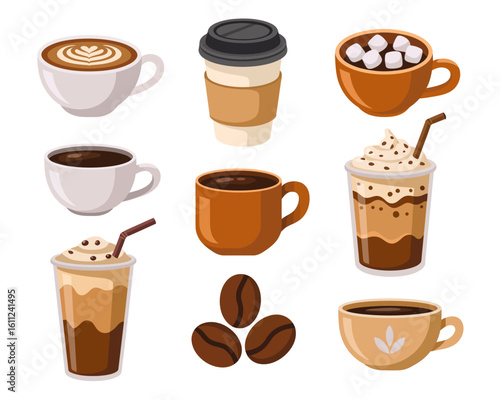 Collection of Coffee Drinks and Coffee Beans Cartoon Style Vector Illustration Ideal for Cafe Menu Design and Promotional Material