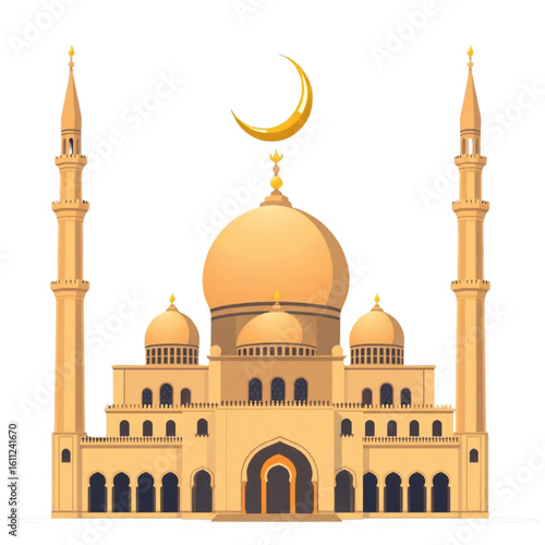 Silhouette of a grand mosque with crescent moon