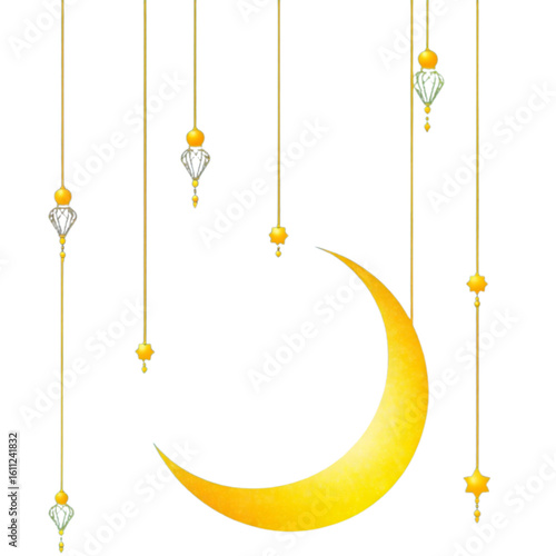 Crescent hanging from strings like a lantern