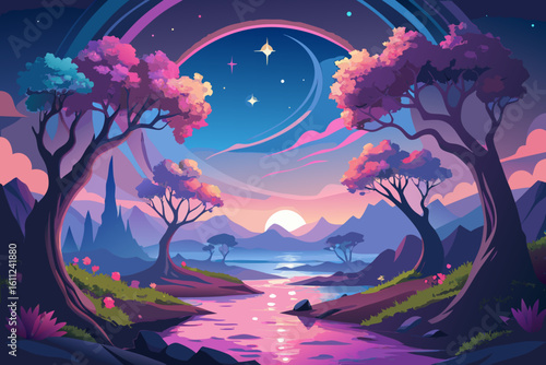 Enchanting twilight landscape with pink river and starry sky
