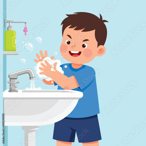 Little boy washing hands at a sink with bubbles and soap, hygiene theme, flat vector style