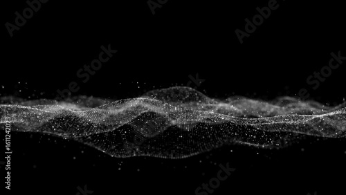 Abstract Particle Wave Background Futuristic Dynamic Data Flow Visualization in Black and White. 3D rendering