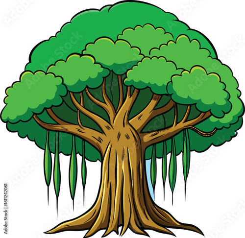 Vibrant cartoon banyan tree with hanging roots