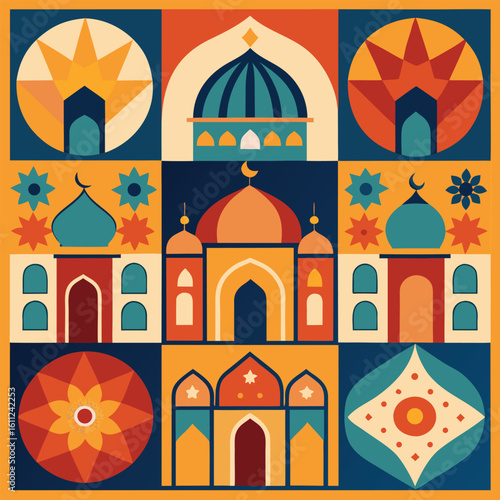 Decorative islamic pattern featuring mosque domes stars and floral elements in retro style with warm palette and symmetrical geometric design