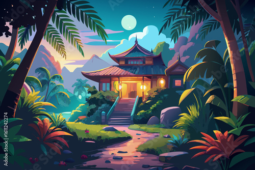 Tranquil asian pagoda amidst lush tropical landscape at dusk