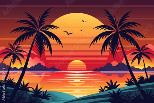 Vibrant tropical sunset with palm trees and calm ocean reflection