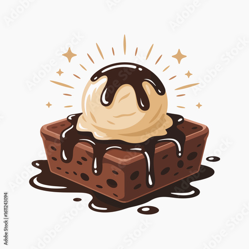 Delicious dessert featuring a rich chocolate brownie topped with vanilla ice cream and decadent chocolate sauce for a sweet treat indulgence