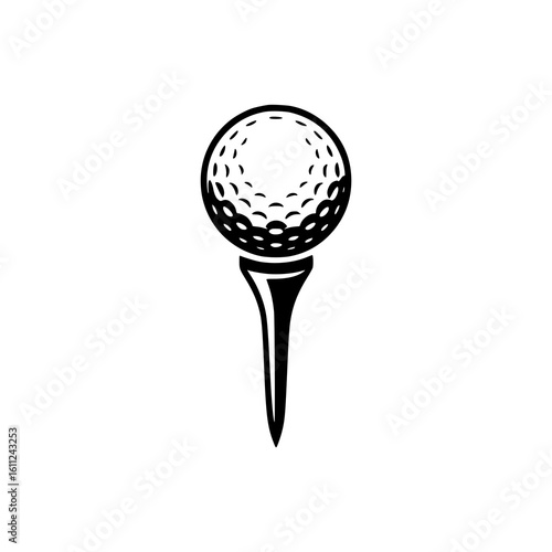 Golf Ball on Tee: A stark black and white vector illustration of a golf ball perched on a tee, showcasing classic golfing imagery in a simple, bold style.