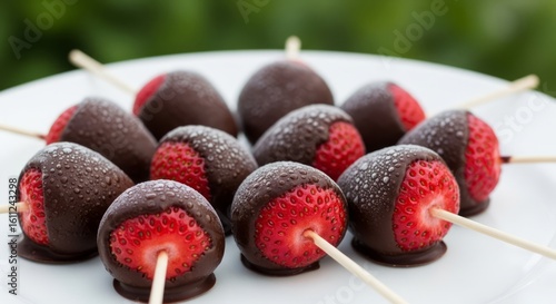 Delicious chocolate-covered strawberries artfully arranged on skewers, presented on a white plate with a blurred green background.