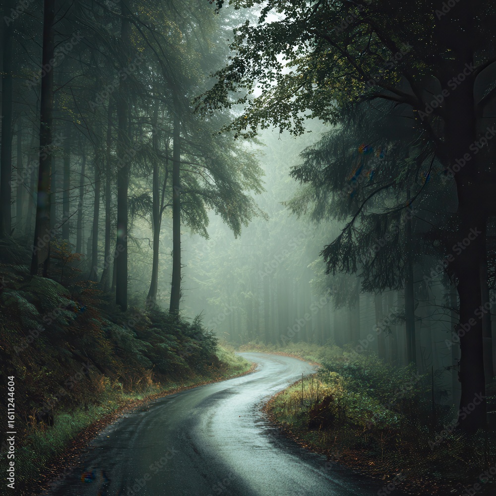 Fototapeta premium A winding, empty country road in a misty forest. Landscape photography, atmospheric. Diffused, soft light through the fog, mysterious and tranquil mood. Tall trees line the road.