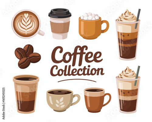 Diverse Coffee Collection Illustration Featuring Espresso Latte Cappuccino and Frappuccino Drinks for Cafe and Restaurant Menus