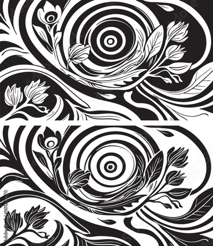 Black floral pattern vector illustration with vintage swirl leaf design for fabric texture, decor and artistic backdrop style, Alpona for textile