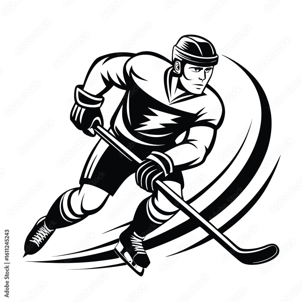 Fototapeta premium Dynamic Hockey Player Illustration Black and White Sports Action Scene Depicts Skill and Speed