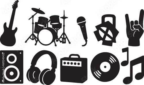 Rock Music Silhouette Icons Set Isolated on White