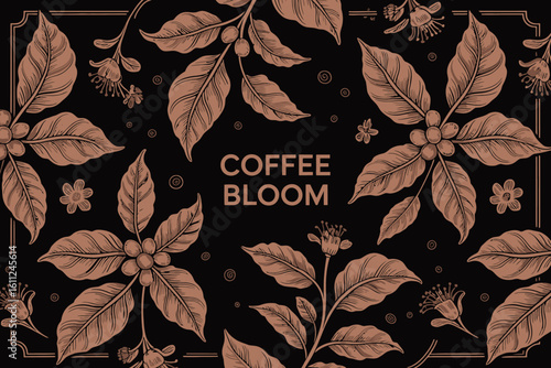 Elegant Coffee Bloom Illustration with Brown Leaves and Flowers on Black Background for Branding and Design Projects