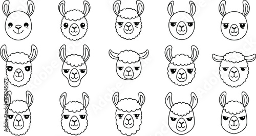 Cute and funny llama face vector icons – cartoon alpaca head illustrations with various expressions for stickers, logos, or designs
