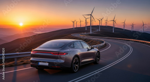 A sleek electric car drives along a winding road towards a horizon illuminated by a vibrant sunset, with a field of wind turbines in the background.