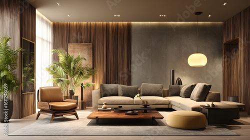 Luxury interior background featuring cozy modern living room with warm lighting wooden furniture and plush textures elegant lifestyle and home design stock