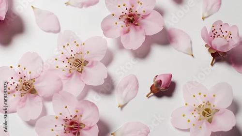 Scattered Pink Cherry Blossoms and Petals on White Background in Overhead Shot