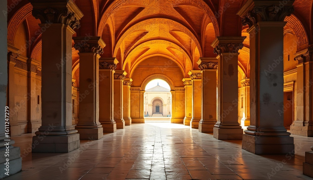 Obraz premium Grand Arched Corridor with Warm Lighting and Symmetrical Columns