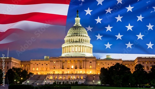 United States Capitol Building illuminated against the backdrop of American flag