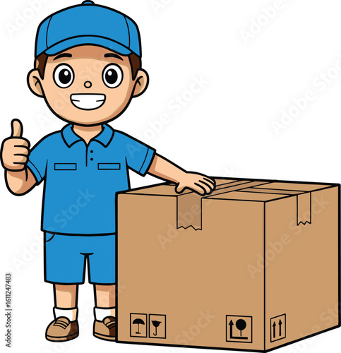 Cartoon delivery man in blue uniform with cardboard box, smiling courier giving thumbs up, logistics and shipping service illustration