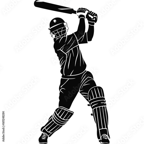 Dynamic Black and White Silhouette of a Cricket Batsman in Action Striking with Power and Skill