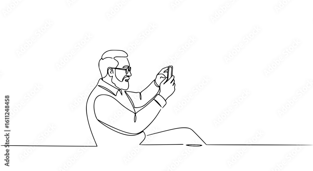 Fototapeta premium Senior man sitting and using smartphone in single line outline vector