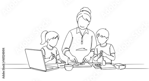 Mother cooking with children while using laptop in modern kitchen  