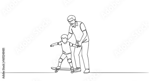 Grandfather helping grandson learn to roller skate, single line outline vector  