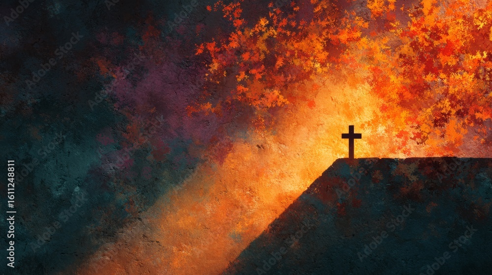 Fototapeta premium Medium close-up of a cross silhouette on a golden sunny background