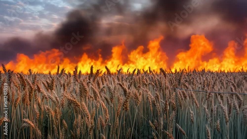 Devastating wheat field fire with intense flames and billowing smoke at sunset, a dramatic scene