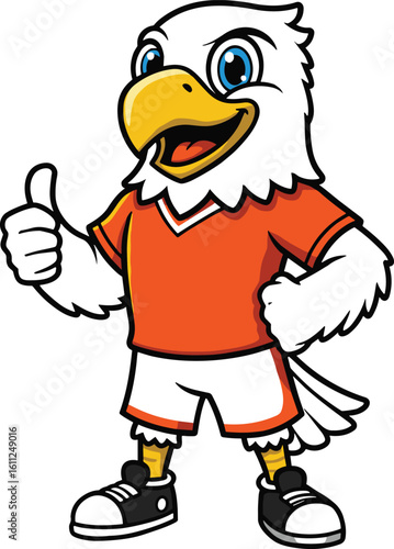 Cartoon eagle mascot wearing sports outfit, smiling and giving thumbs up, vector illustration of strong bird character for team branding