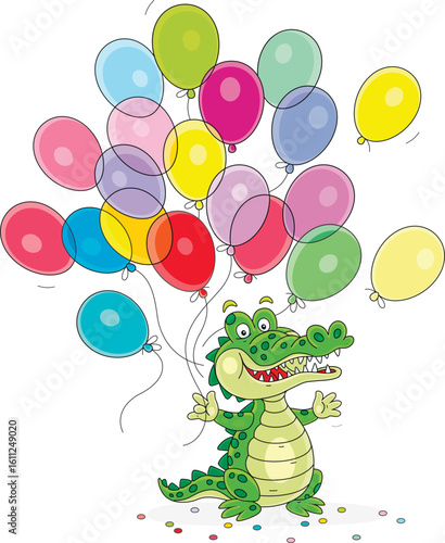 Cartoony green crocodile with colorful holiday balloons, vector cartoon illustration on a white background