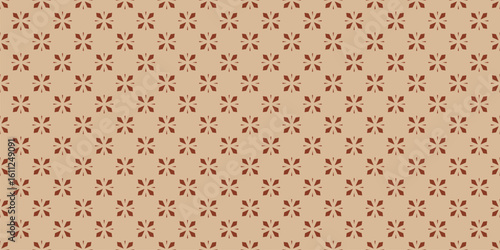 Vector seamless geometric pattern with minimalist floral design. Abstract retro 1960s - 1970s inspired background, simple vintage texture with small flowers. Red and beige color repeated geo design
