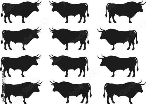 Set of bull silhouettes in profile view – strong cattle icons, farm animal vector illustrations, livestock symbols for ranch design