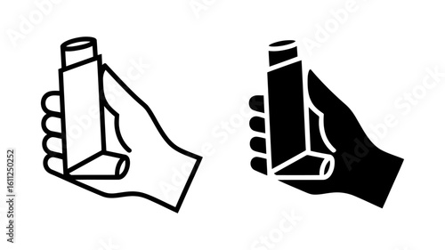 Vector art of a hand holding an asthma inhaler, a device used to deliver medication to the lungs for respiratory relief, isolated on white background