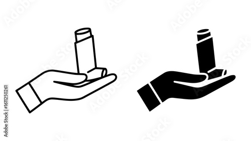 Vector art of a hand holding an asthma inhaler, a medical device used to deliver medication to the lungs, isolated on white background