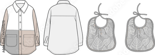 Flat sketch of kids color-block jacket with front pockets and gathered leaf print baby bibs, children fashion illustration design