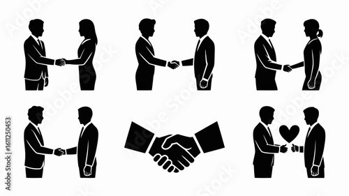 Vector art of black silhouette icons illustrating business handshakes between men and women, representing agreements and partnerships isolated on white background