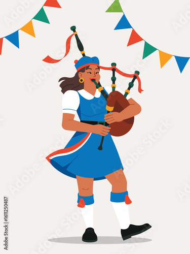 A flat vector illustration of a female bagpiper in a festive outfit performing at a cultural celebration with colorful bunting.