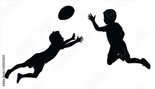 Two children silhouetted against a white background one diving to catch a football while the other jumps to intercept it illustrating active play and sports