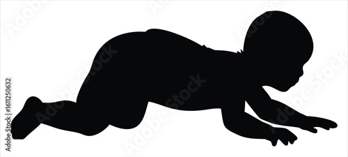 Silhouette of a baby with a large head and slender body crawling on all fours against a white background. Ideal for use in parenting blogs, early childhood development content, baby product packaging