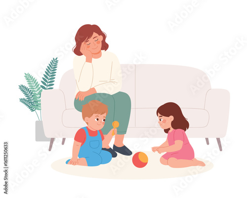 Tired mother feeling exhausted and overwhelmed while her children play. A flat vector illustration depicting parental burnout and fatigue.