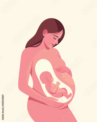 A tender flat vector illustration depicting the bond between a pregnant mother and her unborn baby inside the womb.