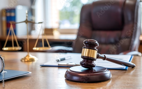 Justice and legal proceedings are represented by a gavel on a desk with scales of justice and a leather chair in a law office