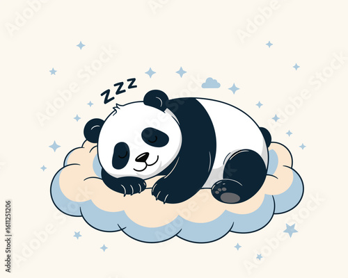An adorable cartoon panda bear sleeping peacefully on a soft, fluffy cloud. A cute and dreamy vector illustration for children's designs.
