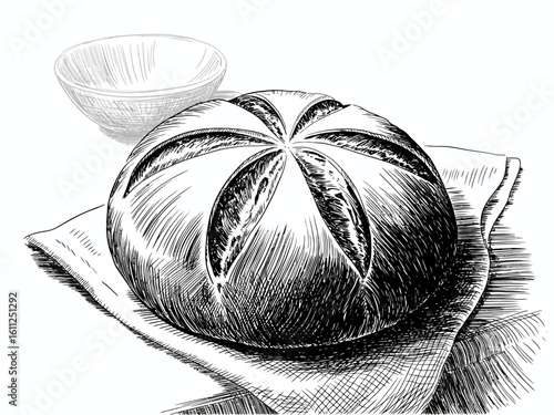 Hand Drawn Bread Loaf Illustration with Bowl on a Textured Cloth Black and White Art Graphic